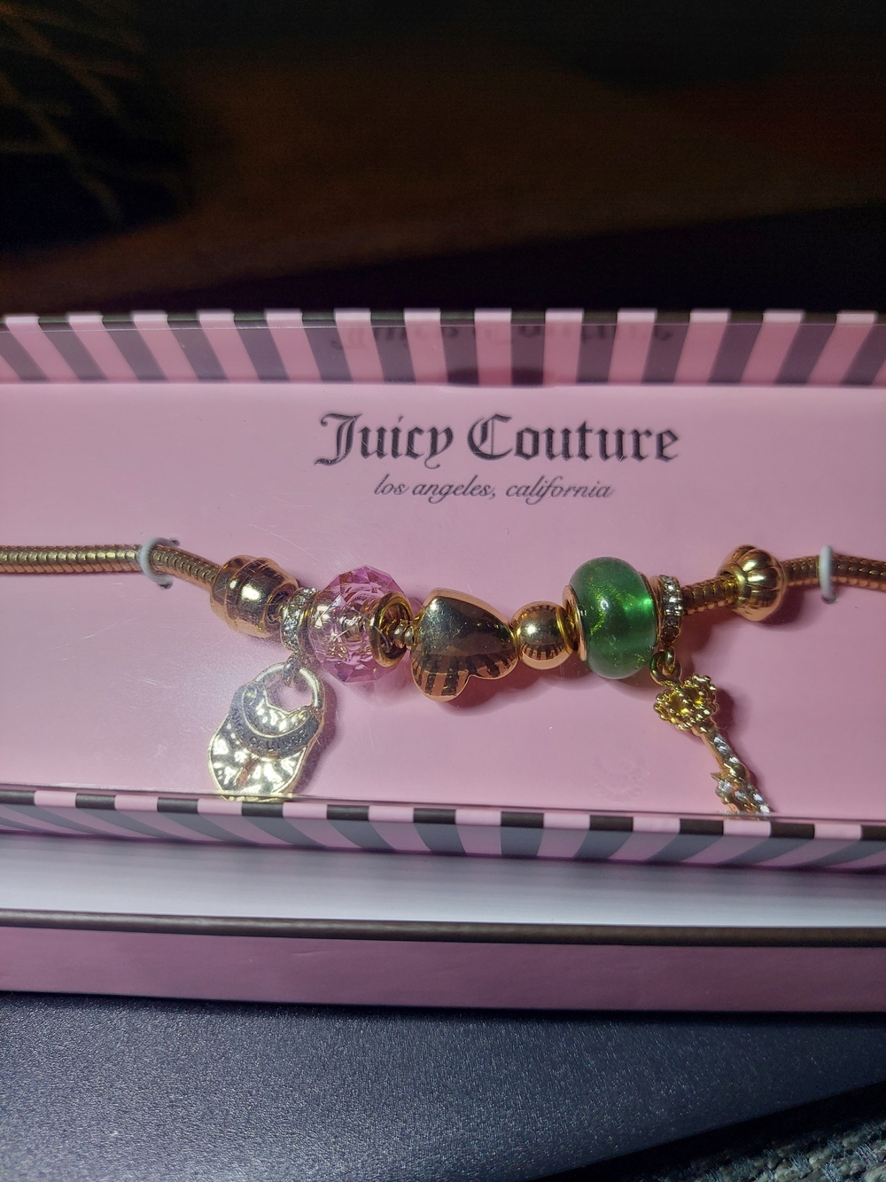 Juicy Couture Gold Tone Charm Bracelet with Pink and Green Beads